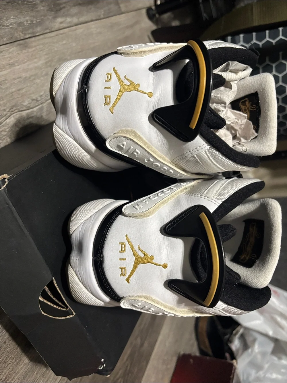 Jordan Retro Basketball Sneakers in White, Black & Gold